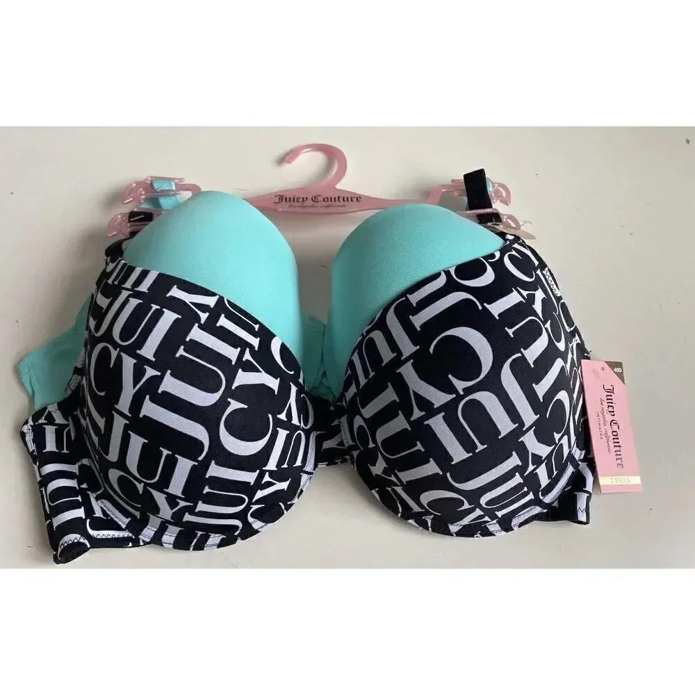 Juicy Couture Sleek & Smooth 2 Pack Bra JC3819 Lined Size 40D Black Teal NEW